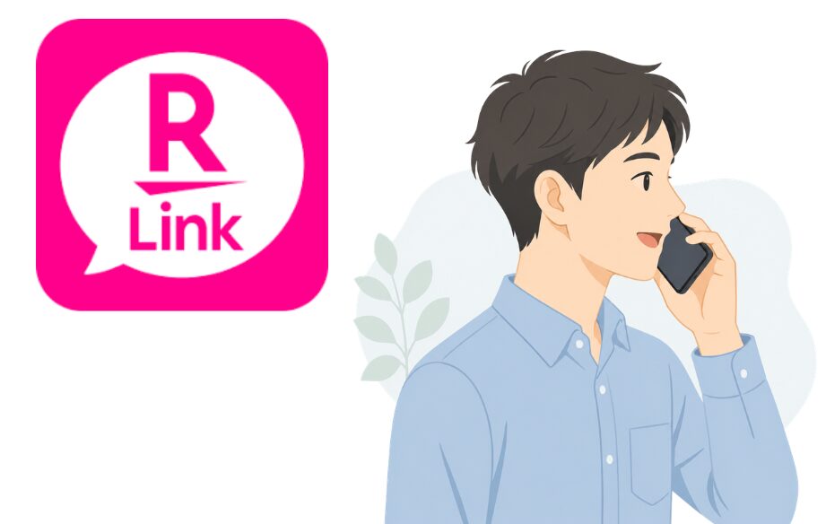 男性が右を向いて楽天Linkで電話をしている様子