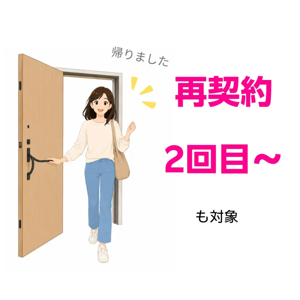 玄関から笑顔で入ってくる女性。「再契約 2回目~」の文字があり、再契約キャンペーンを告知している。