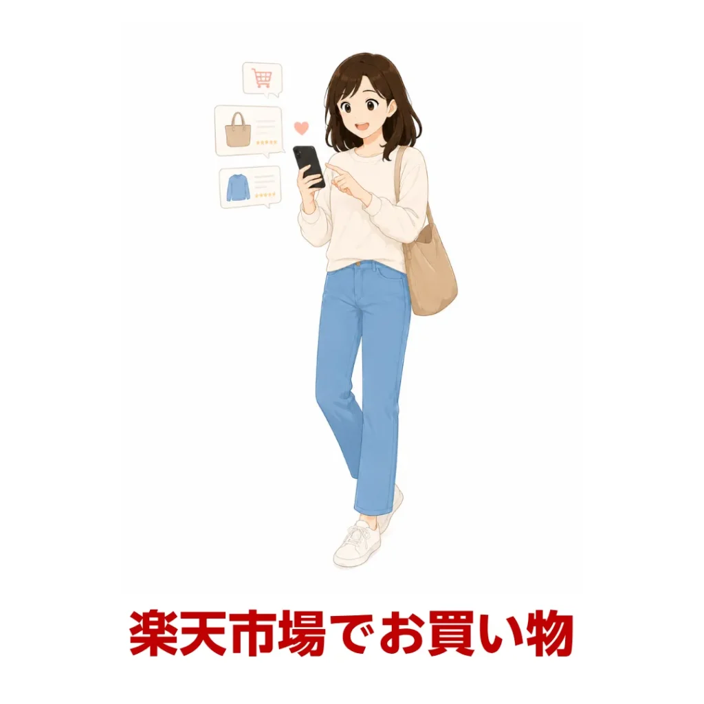スマートフォンで라쿠텐 이치바の買い物を楽しむ女性