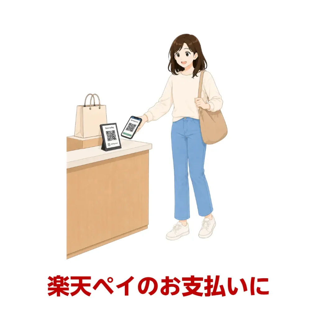女性が라쿠텐 페이のQRコード決済で支払いをしているイラスト。