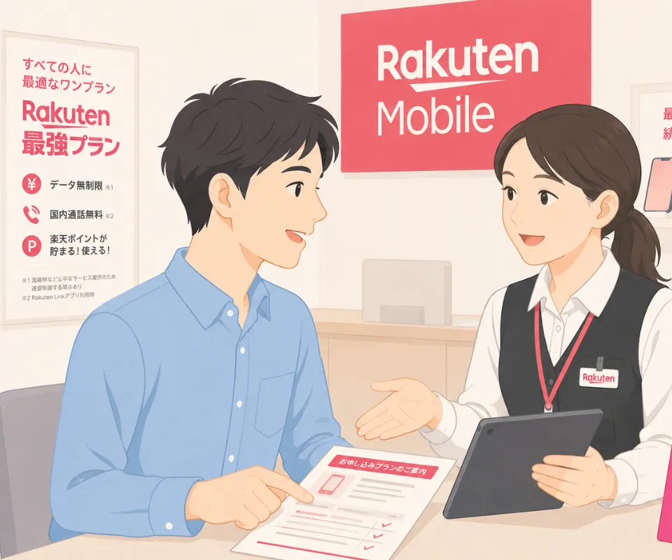 楽天モバイルの店員が、顧客に「最強プラン」の案内を説明しているイラスト。データ無制限や国内通話無料などの特典が記載されている。