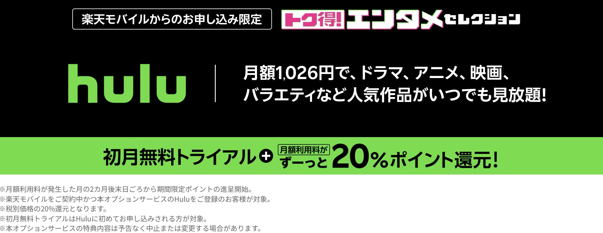 hulu（フールー）の月額利用料の20%ポイント還元